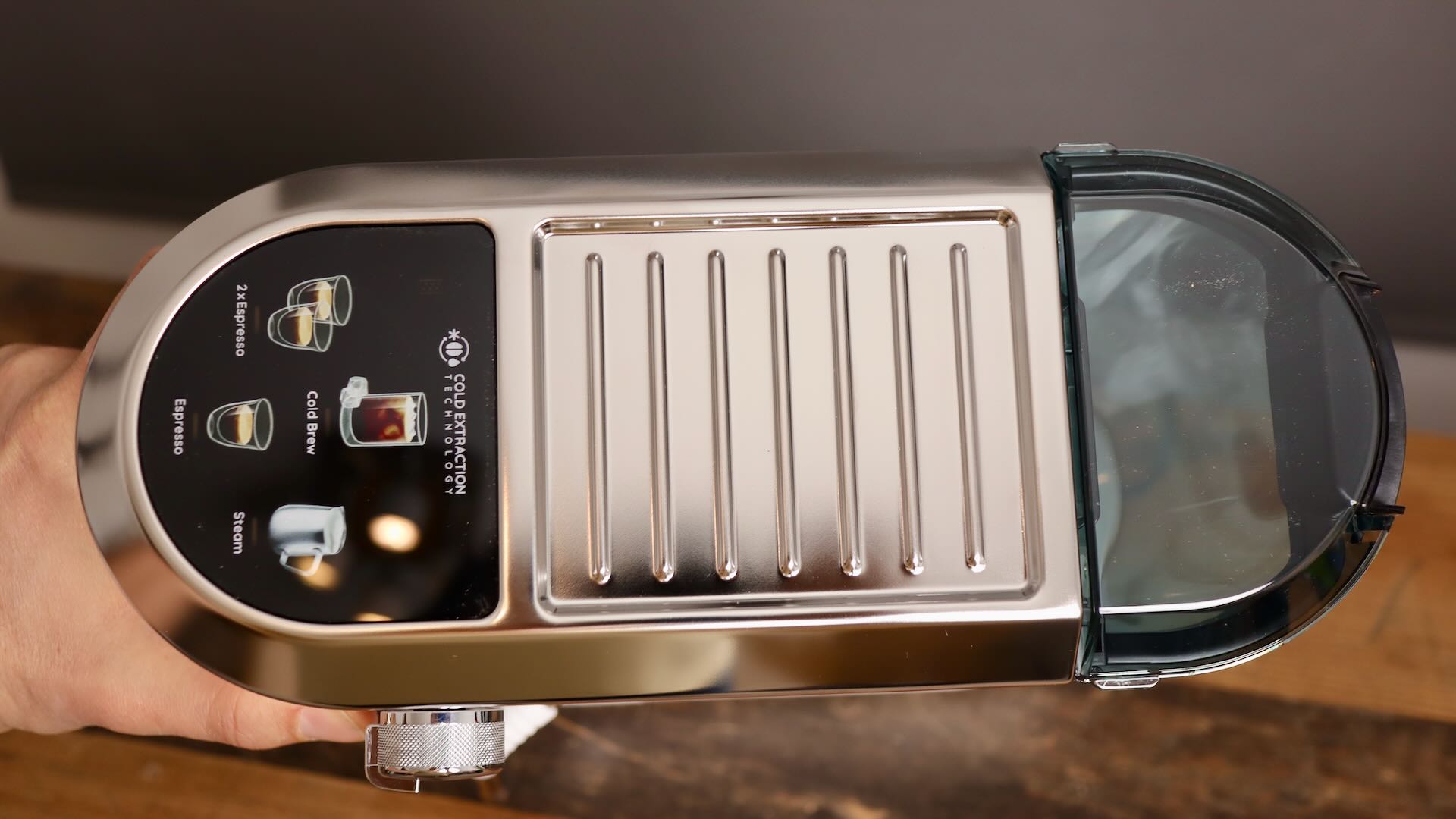 Top of the Delonghi Dedica Duo EC890 with cup warmer and drink selection